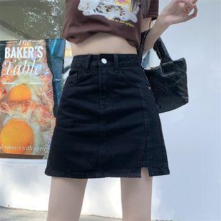 High-waist Denim Slit A-line Mini Skirt