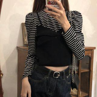 Mock Two-piece Striped Panel Cropped T-shirt
