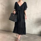 V-neck Lace-trim Tiered Long Dress