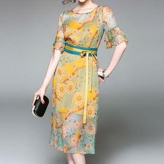 Set: Floral Print Elbow-sleeve Midi Dress + Strappy Dress