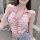 Halter Collared Heart Print Button-up Sweater Vest