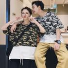 Elbow-sleeve Mock Two-piece Camouflage T-shirt
