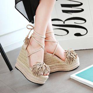 Woven Platform Cross-strap Wedge Sandals