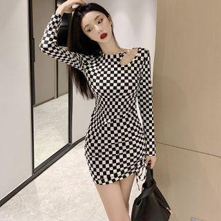 Long-sleeve Cutout Checkerboard Drawstring Mini Bodycon Dress