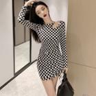 Long-sleeve Cutout Checkerboard Drawstring Mini Bodycon Dress