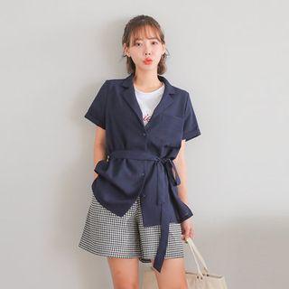 V-neck Short-sleeve Belt-waist Blouse