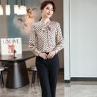 Long-sleeve Dotted Tie-neck Blouse / Boot-cut Dress Pants