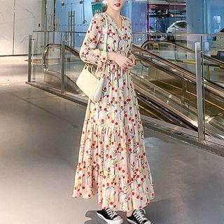 Long-sleeve V-neck Print Maxi A-line Dress