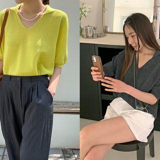 Collared Linen Blend Knit Top