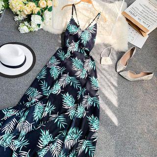 Spaghetti Strap Leaf Print Midi Dress Green - One Size
