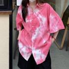 Elbow-sleeve Letter Tie Dye Shirt Red - One Size
