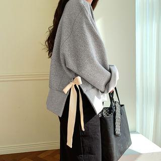 Wide-sleeve Beribboned Sweatshirt Gray - One Size