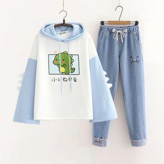 Set: Dinosaur Print Hoodie + Straight-leg Jeans
