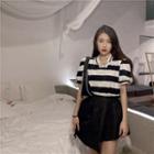 Polo Collar Striped Puff-sleeved Top As Shown In Figure - One Size