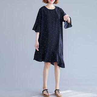 Asymmetrical Dotted Semi Sleeve Medium Maxi Dress
