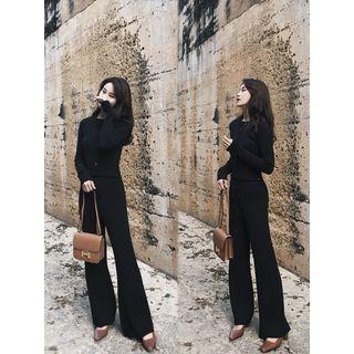 Set: Buttoned Long-sleeve Knit Top + High-waist Wide-leg Pants