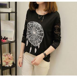 Printed Lace Long-sleeve T-shirt