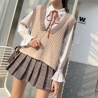 Bow Accent Pinstripe Shirt/ Plaid Pleated Mini Skirt/ Contrast-trim Sweater Vest