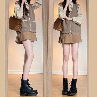 Set: Long-sleeve Plain Shirt + Button-up Sweater Vest