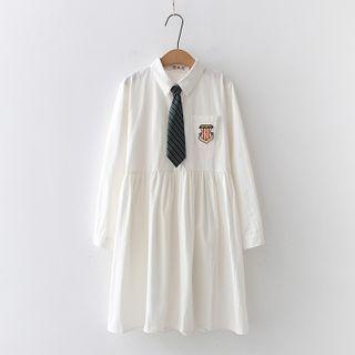 Embroidered Patch Long-sleeve Midi A-line Dress