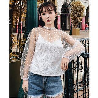 Set: Long-sleeve Lace Top + Spaghetti Strap Lace Top