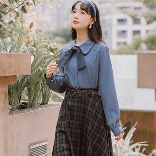Set: Tie Neck Shirt + Plaid Midi A-line Skirt