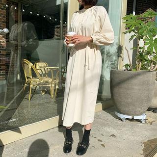 Half-placket Shirred Dress With Sash