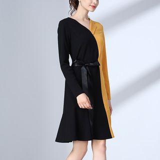 Color Block Tie-waist A-line Dress