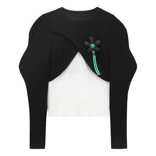 Long-sleeve Floral-accent Crop Top