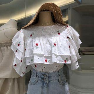 Floral Embroidered Ruffled Sleeve Blouse