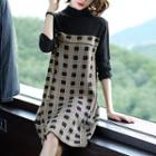 Long-sleeve Mock Neck Plaid Panel Knit Dress