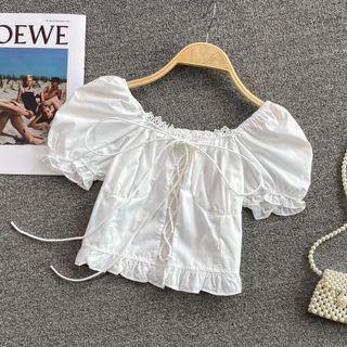 Plain Lace-up Puff Sleeve Blouse White - One Size