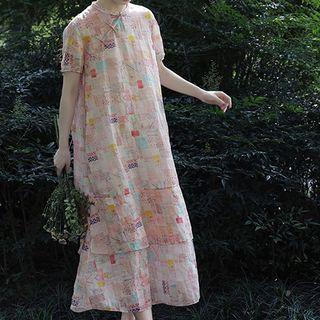 Print Frog-button Midi A-line Dress
