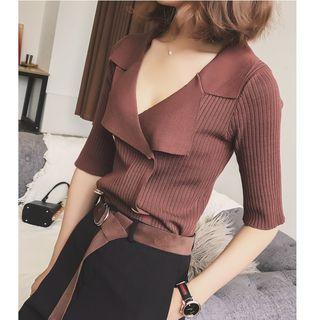 Elbow-sleeve Double-breasted Knit Top