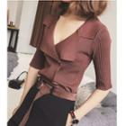 Elbow-sleeve Double-breasted Knit Top