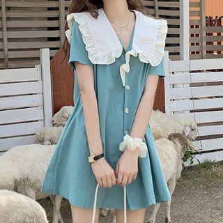 Short-sleeve Wide Collar Button-up Mini Dress