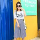 Set: Lettering Elbow-sleeve T-shirt + Striped A-line Skirt