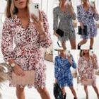 Long Sleeve V-neck Leopard Print Mini Dress