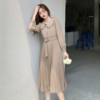 Long-sleeve Frill Trim Collar Belted Pleated Midi A-line Dress
