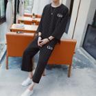 Set: Pinstripe Letter Elbow-sleeve Top + Pants