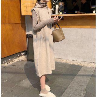 Set: Cowl-neck Long Sleeve Top + Hooded Sleeveless Knit Dress