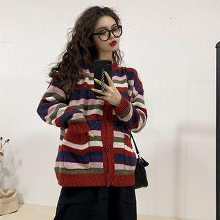 Color-block Striped Long-sleeve Cardigan As Shown In Figure - One Size