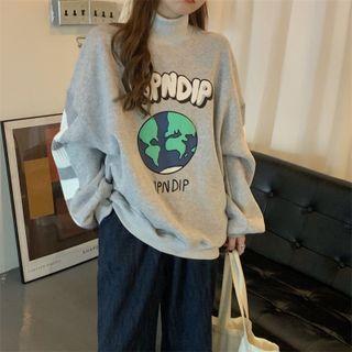 Mock-neck Earth Print Striped Panel Sweatshirt