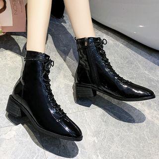 Faux Leather Lace-up Block Heel Short Boots