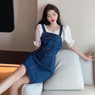Puff-sleeve V-neck Blouse / Denim Mini Pinafore Dress
