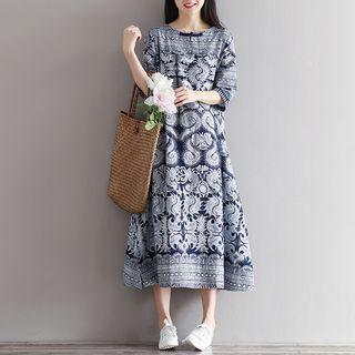 Elbow-sleeve Midi Patterned Dress
