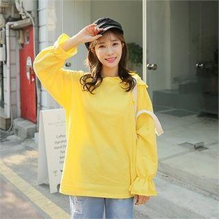 Long-sleeve Drop-shoulder Ruffle-detail T-shirt