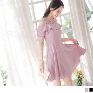 Cold Shoulder Lace Panel Short Sleeve Chiffon Dress