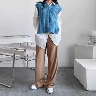 Set: Deep-sit Knit Vest + Cutout-hem Long Shirt Blue - One Size