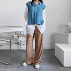Set: Deep-sit Knit Vest + Cutout-hem Long Shirt Blue - One Size